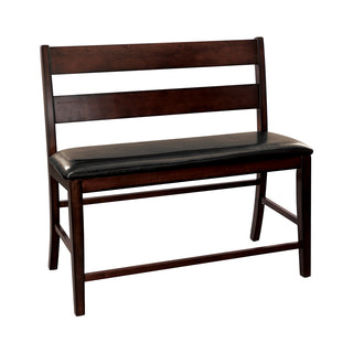 Counter Height Dining Bench in Brown Cherry Wood with Dark Brown Faux Leather Seat