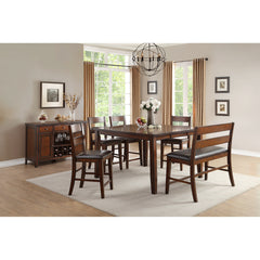 Counter Height Dining Bench in Brown Cherry Wood with Dark Brown Faux Leather Seat