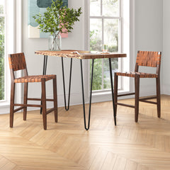 Counter Height Dining Table, Light Brown Acacia Top with Black Iron Legs