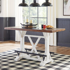 Counter Height Dining Table with Trestle Base in Distressed Brown and White