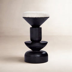 Counter Stool, 26 Inch Seat Height, White Boucle Seat, Black Mango Wood Base