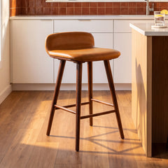 Counter Stool, 28 in Seat Height, Brown Upholstered Seat with Walnut Base