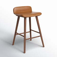Counter Stool, 28 in Seat Height, Brown Upholstered Seat with Walnut Base