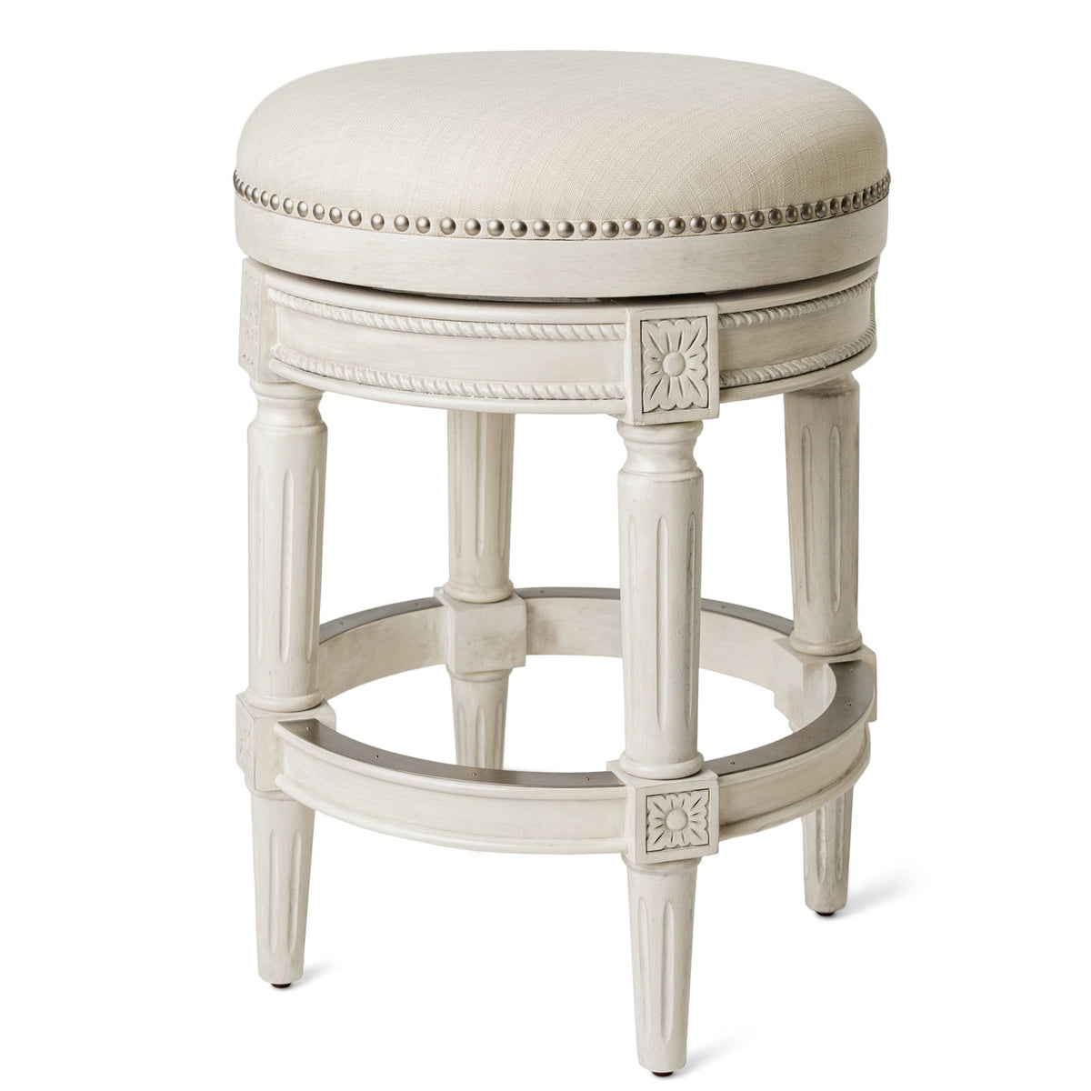 Counter Stool, Backless Swivel, Rubberwood Frame with Cream Fabric Seat