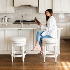 Counter Stool, Backless Swivel, Rubberwood Frame with Cream Fabric Seat