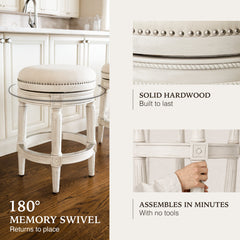 Counter Stool, Backless Swivel, Rubberwood Frame with Cream Fabric Seat