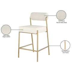 Counter Stool, Cream Boucle Fabric Back with Brushed Brass Iron Frame