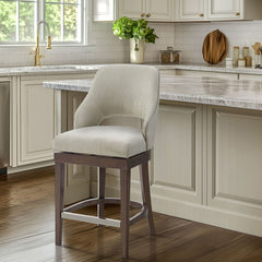 Counter Stool, Cream Polyester Blend Upholstery, Solid Wood Frame, Swivel