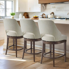 Counter Stool, Cream Polyester Blend Upholstery, Solid Wood Frame, Swivel