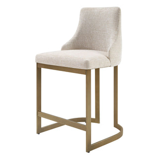 Counter Stool, Cream Polyester Upholstery, Antique Gold Metal Sled Base