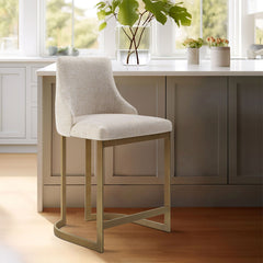 Counter Stool, Cream Polyester Upholstery, Antique Gold Metal Sled Base