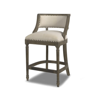 Counter Stool, Light Beige Linen, Solid Wood Frame, Gray Wood Base