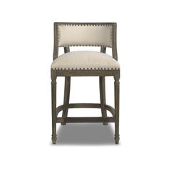 Counter Stool, Light Beige Linen, Solid Wood Frame, Gray Wood Base