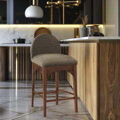 Counter Stool, Solid Ash Frame in Walnut with Olive Boucle Seat