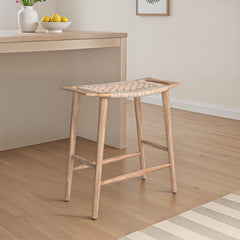 Counter Stool, Solid Mango Wood Frame, Cane Seat, Backless, Natural