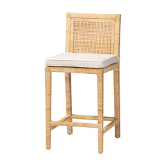 Counter Stool, Solid Wood Frame, Rattan Wrapped, Natural, Footrest