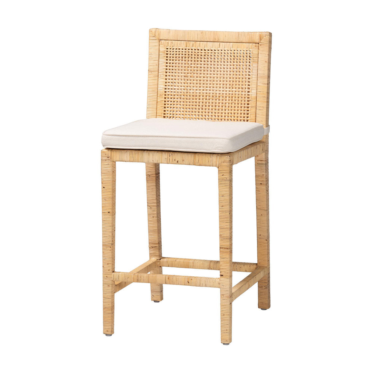 Counter Stool, Solid Wood Frame, Rattan Wrapped, Natural, Footrest