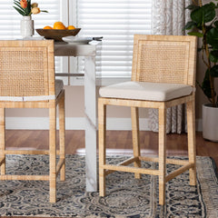 Counter Stool, Solid Wood Frame, Rattan Wrapped, Natural, Footrest