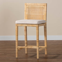 Counter Stool, Solid Wood Frame, Rattan Wrapped, Natural, Footrest