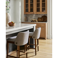 Counter Stool, Tan Polyester, Beech Wood Base, 26 Inch Seat Height