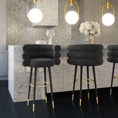 Counter Stool, Tufted Black Velvet, Manufactured Wood Frame, Four Legs