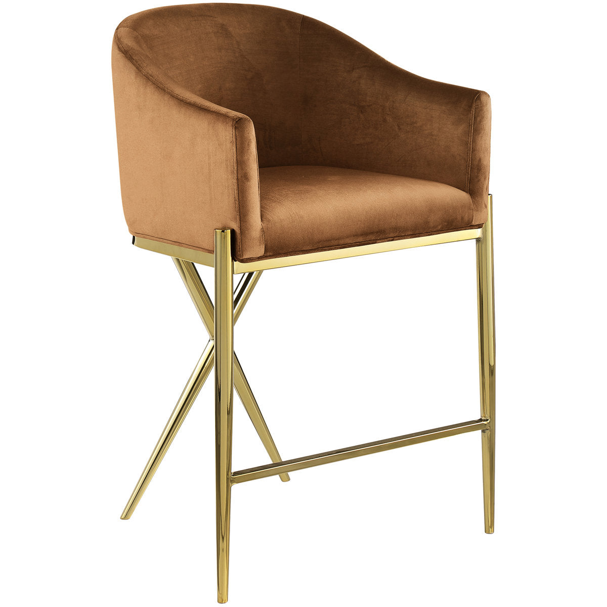 Counter Stool, Velvet Barrel Seat in Saddle with Gold Iron Frame