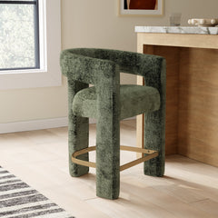 Counter Stool with Metal Footrest in Forest Microsuede