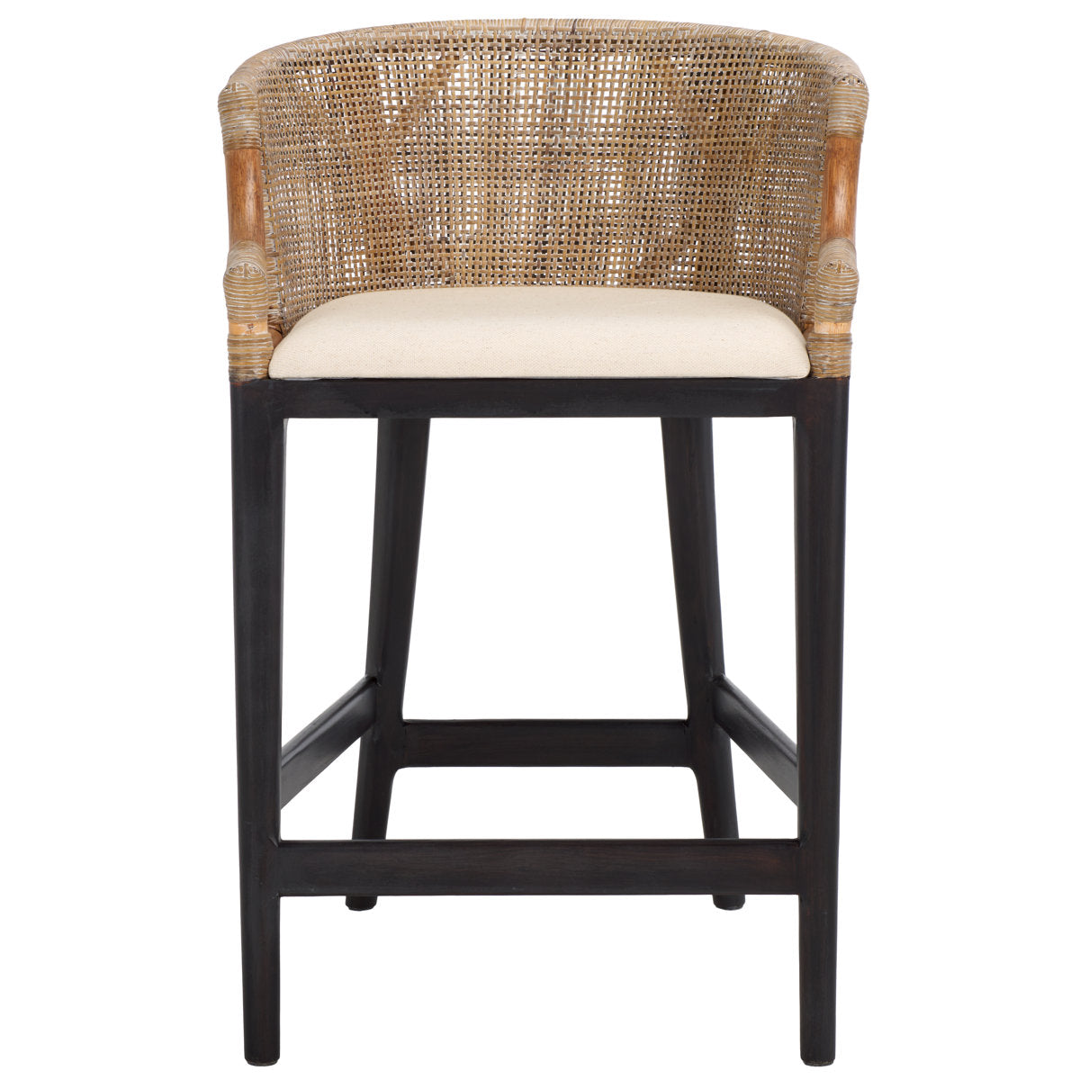 Counter Stool with Rattan Mesh Barrel Back, Natural with White Seat and Black Frame