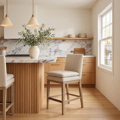 Counter Stool with Upholstered Seat and Footrest, Graywash Wood Frame