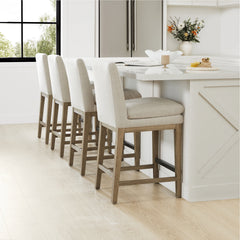 Counter Stool with Upholstered Seat and Footrest, Graywash Wood Frame