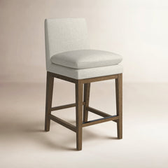 Counter Stool with Upholstered Seat and Footrest, Graywash Wood Frame