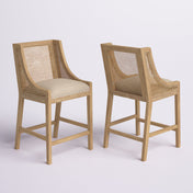 Counter Stools, Set of 2, Beige Fabric, Solid Rubberwood Frame