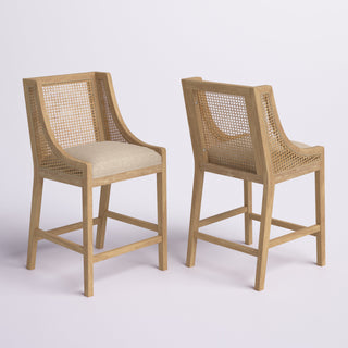 Counter Stools, Set of 2, Beige Fabric, Solid Rubberwood Frame