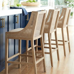 Counter Stools, Set of 2, Beige Fabric, Solid Rubberwood Frame