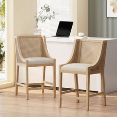 Counter Stools, Set of 2, Beige Fabric, Solid Rubberwood Frame