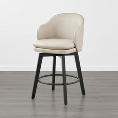 Counter Stools, Set of 2, Beige Upholstered Seat, Black Base