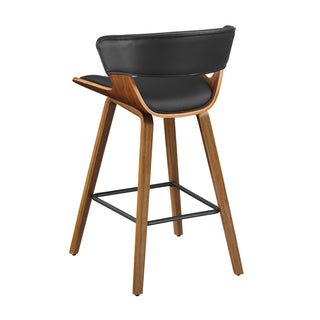 Counter Stools, Set of 2, Black Faux Leather with Brown Wood Frame
