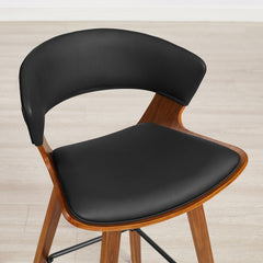 Counter Stools, Set of 2, Black Faux Leather with Brown Wood Frame