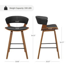 Counter Stools, Set of 2, Black Faux Leather with Brown Wood Frame