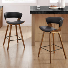 Counter Stools, Set of 2, Black Faux Leather with Brown Wood Frame