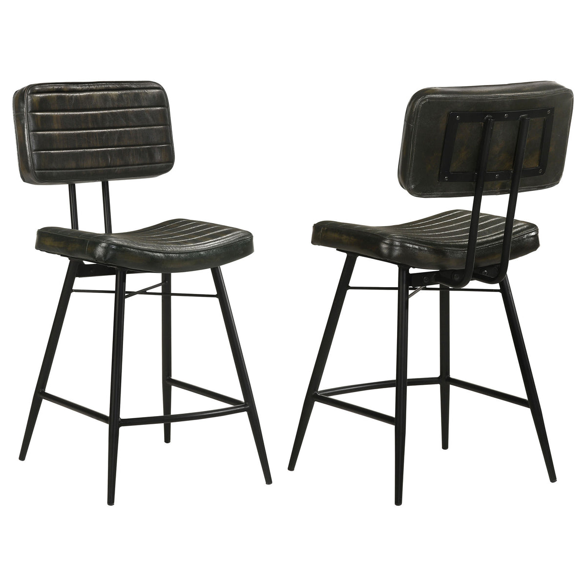 Counter Stools, Set of 2, Black Leather, Black Metal Base