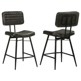 Counter Stools, Set of 2, Black Leather, Black Metal Base