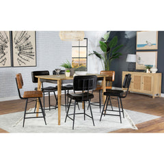Counter Stools, Set of 2, Black Leather, Black Metal Base