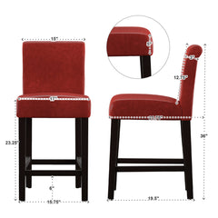 Counter Stools, Set of 2, Black Solid Wood Frame, Warm Red Faux Leather