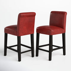 Counter Stools, Set of 2, Black Solid Wood Frame, Warm Red Faux Leather