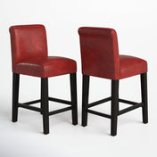 Counter Stools, Set of 2, Black Solid Wood Frame, Warm Red Faux Leather