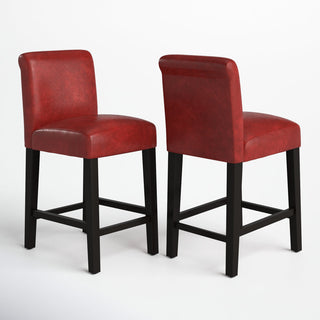 Counter Stools, Set of 2, Black Solid Wood Frame, Warm Red Faux Leather