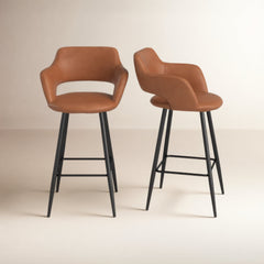 Counter Stools, Set of 2, Brown Faux Leather with Black Metal Legs