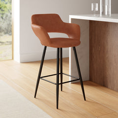 Counter Stools, Set of 2, Brown Faux Leather with Black Metal Legs