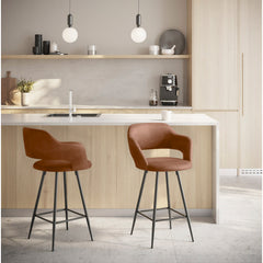 Counter Stools, Set of 2, Brown Faux Leather with Black Metal Legs